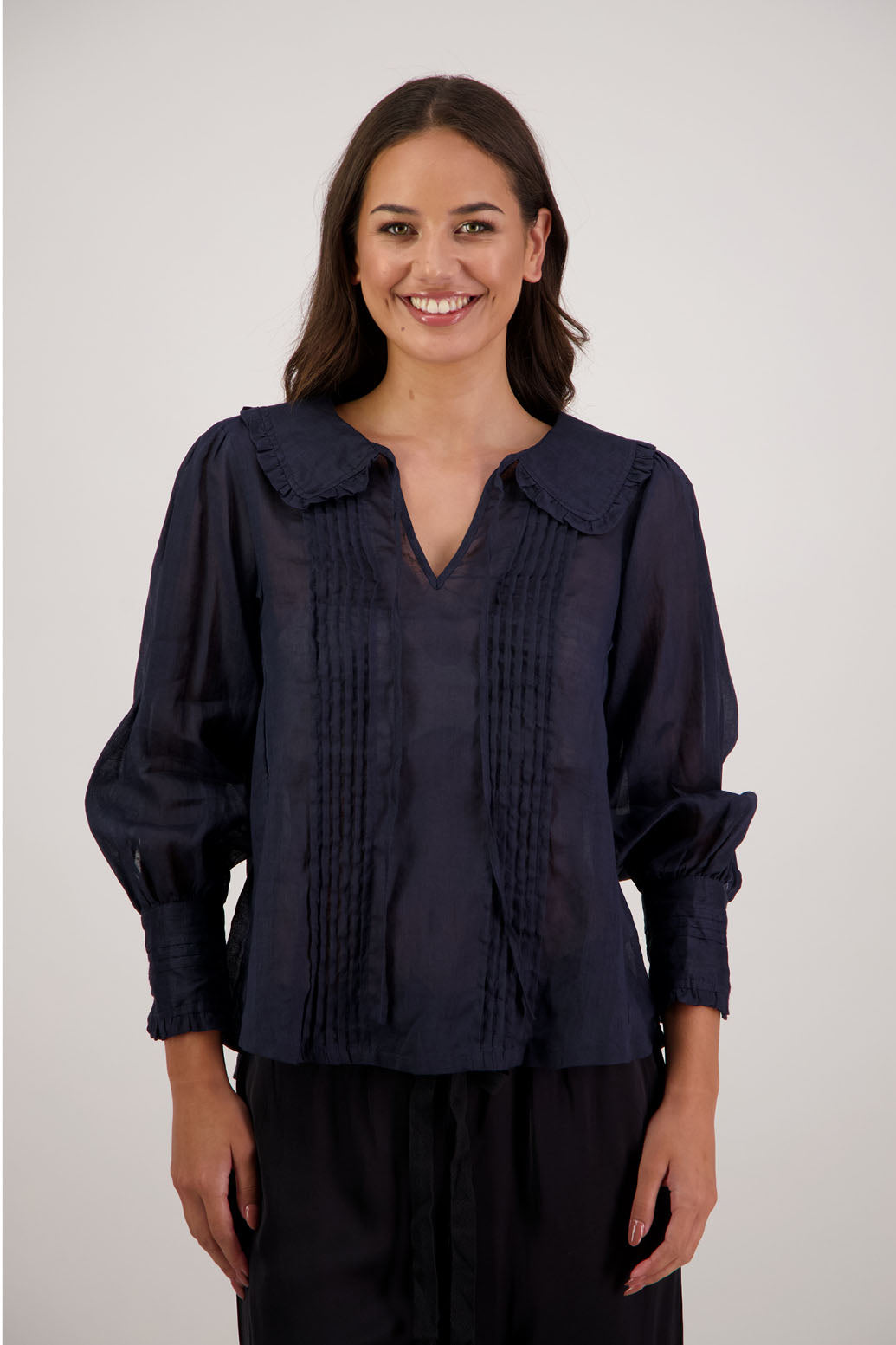 Richie Ink Top by Briarwood NZ. 100% ramie top with shaped ruffle collar and tie detail. Designed in New Zealand.