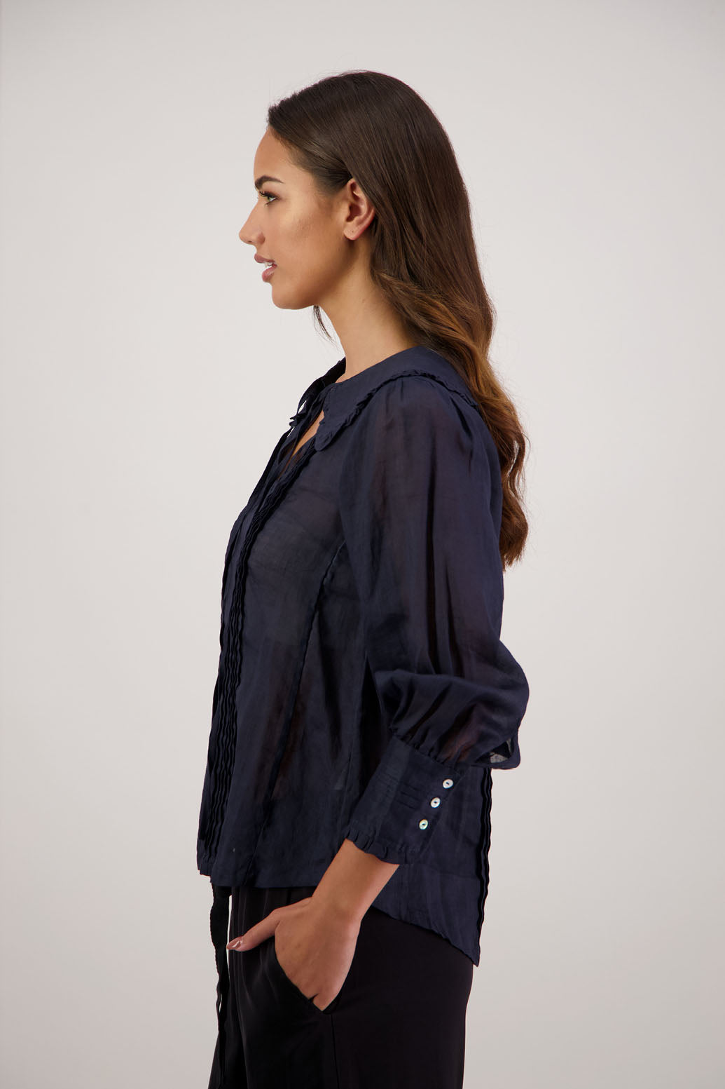 Richie Ink Top by Briarwood NZ. 100% ramie top with shaped ruffle collar and tie detail. Designed in New Zealand.