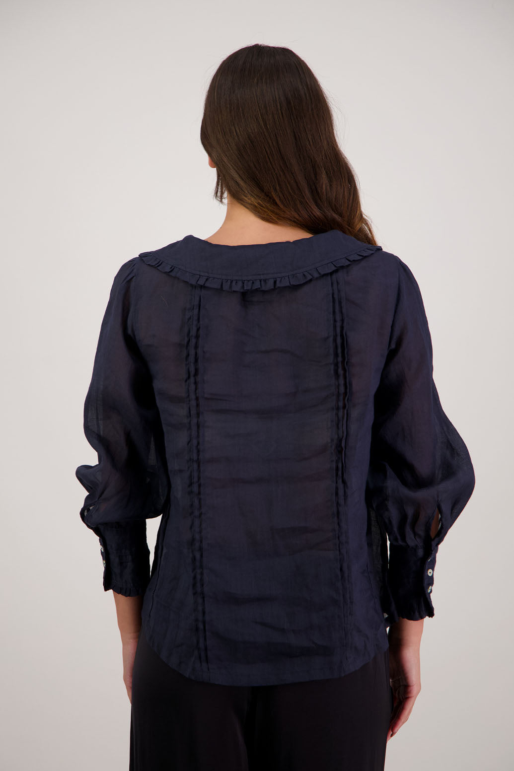 Richie Ink Top by Briarwood NZ. 100% ramie top with shaped ruffle collar and tie detail. Designed in New Zealand.