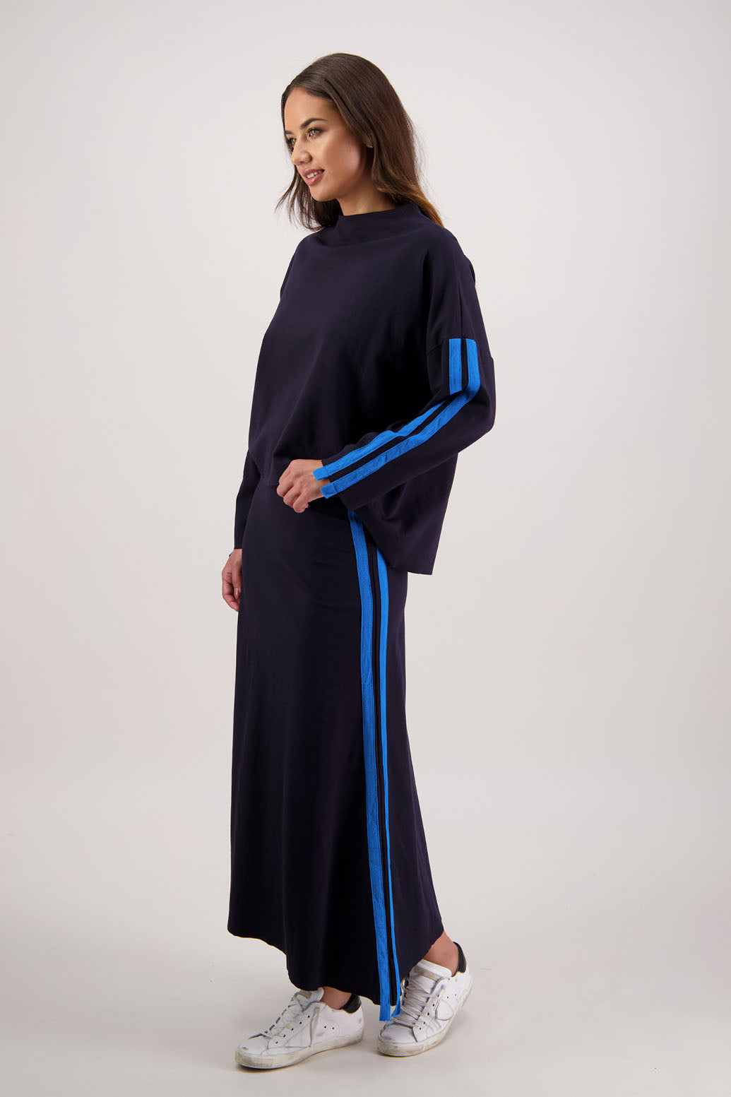 Rico Skirt in Ink by Briarwood NZ. 100% Ponte A-line skirt with elasticated waist, raw hem and double side stripe