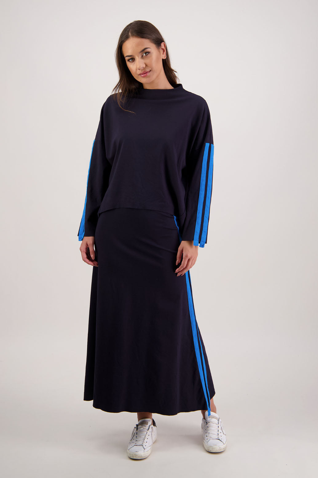 Rico Skirt in Ink by Briarwood NZ. 100% Ponte A-line skirt with elasticated waist, raw hem and double side stripe