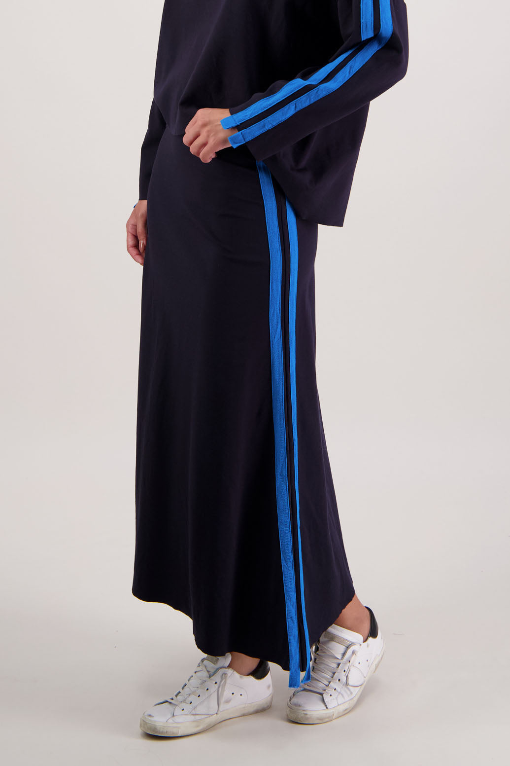 Rico Skirt in Ink by Briarwood NZ. 100% Ponte A-line skirt with elasticated waist, raw hem and double side stripe