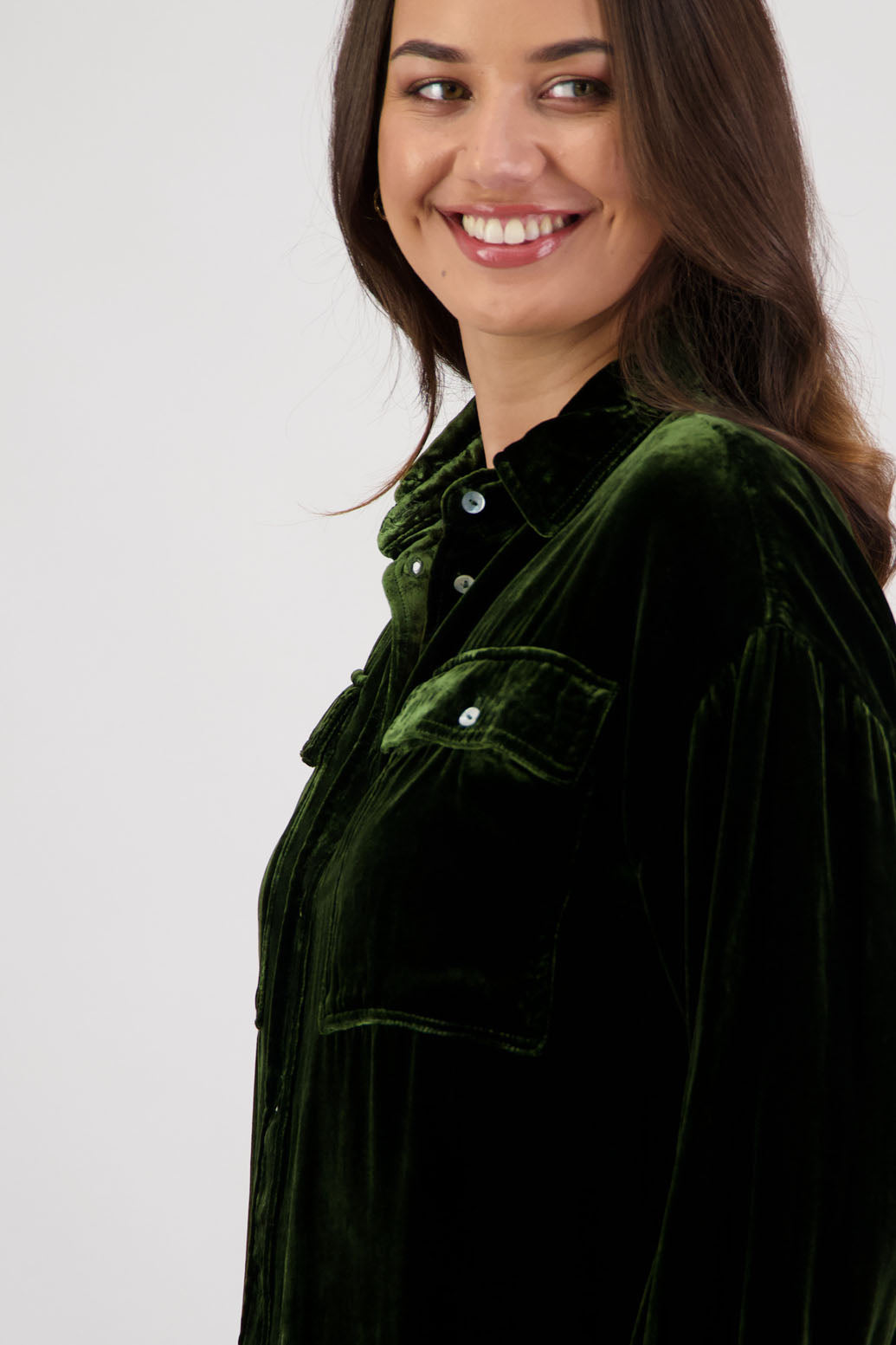 Ridge Shirt in Khaki Velvet by Briarwood NZ. A  18% Silk, 82% Rayon Velvet collared button through shirt with full length sleeves, longer at the back, side splits, pockets on front