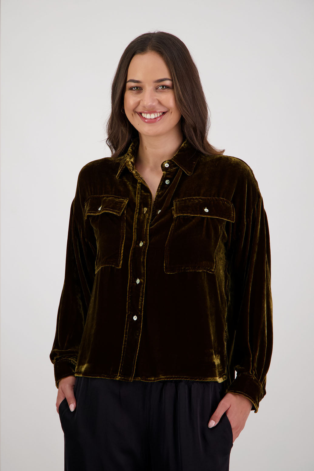 Ridge Shirt in Tan Velvet by Briarwood NZ. A  18% Silk, 82% Rayon Velvet collared button through shirt with full length sleeves, longer at the back, side splits, pockets on front