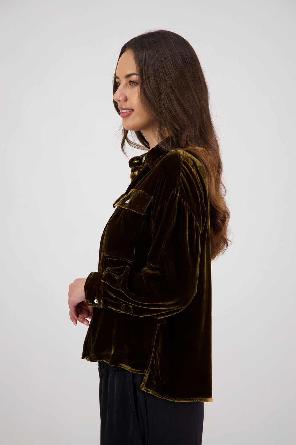 Ridge Shirt in Tan Velvet by Briarwood NZ. A  18% Silk, 82% Rayon Velvet collared button through shirt with full length sleeves, longer at the back, side splits, pockets on front