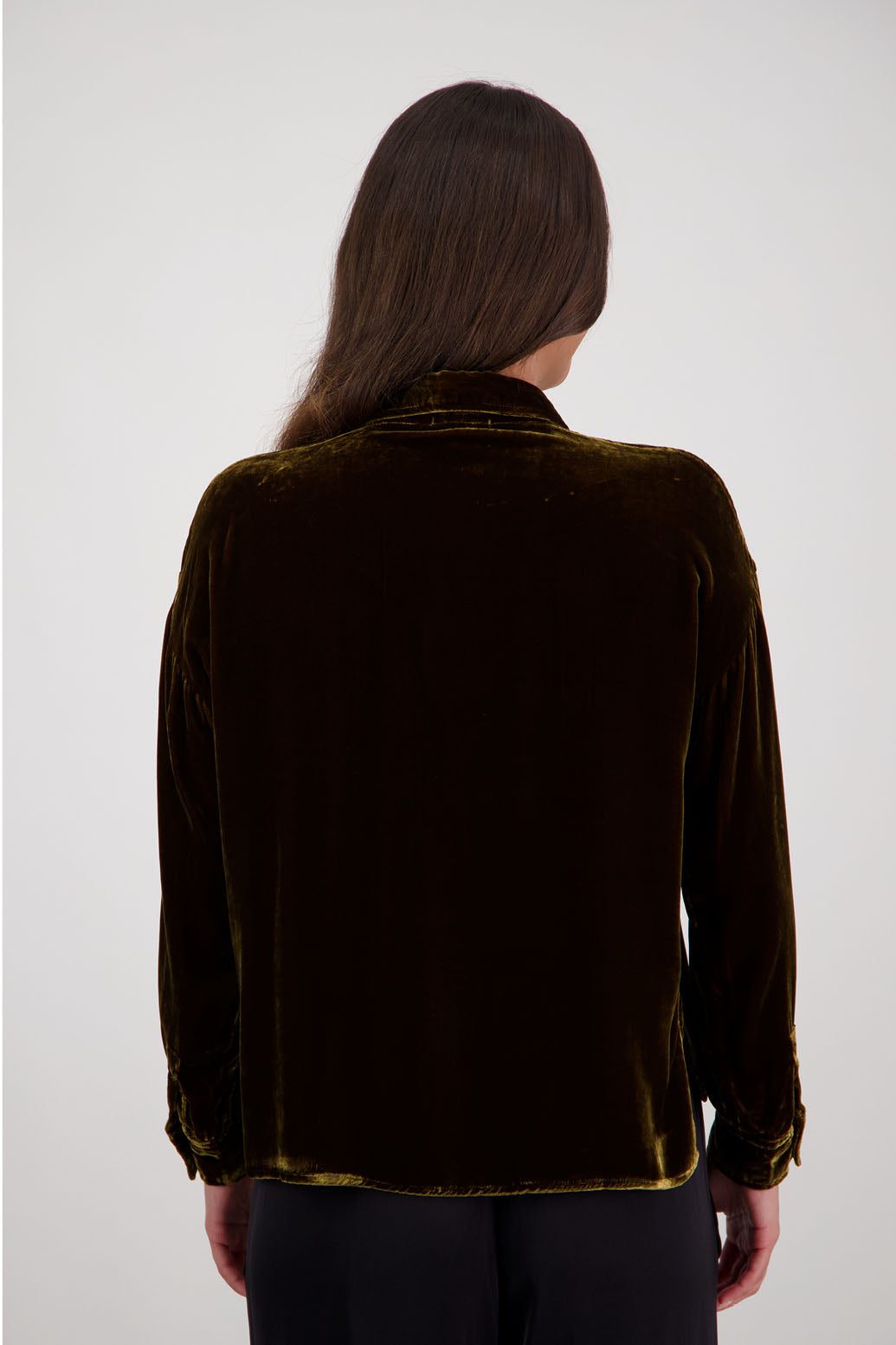 Ridge Shirt in Tan Velvet by Briarwood NZ. A  18% Silk, 82% Rayon Velvet collared button through shirt with full length sleeves, longer at the back, side splits, pockets on front