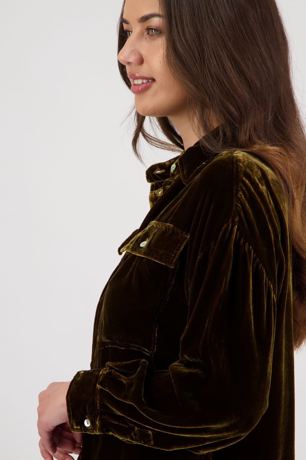 Ridge Shirt in Tan Velvet by Briarwood NZ. A  18% Silk, 82% Rayon Velvet collared button through shirt with full length sleeves, longer at the back, side splits, pockets on front