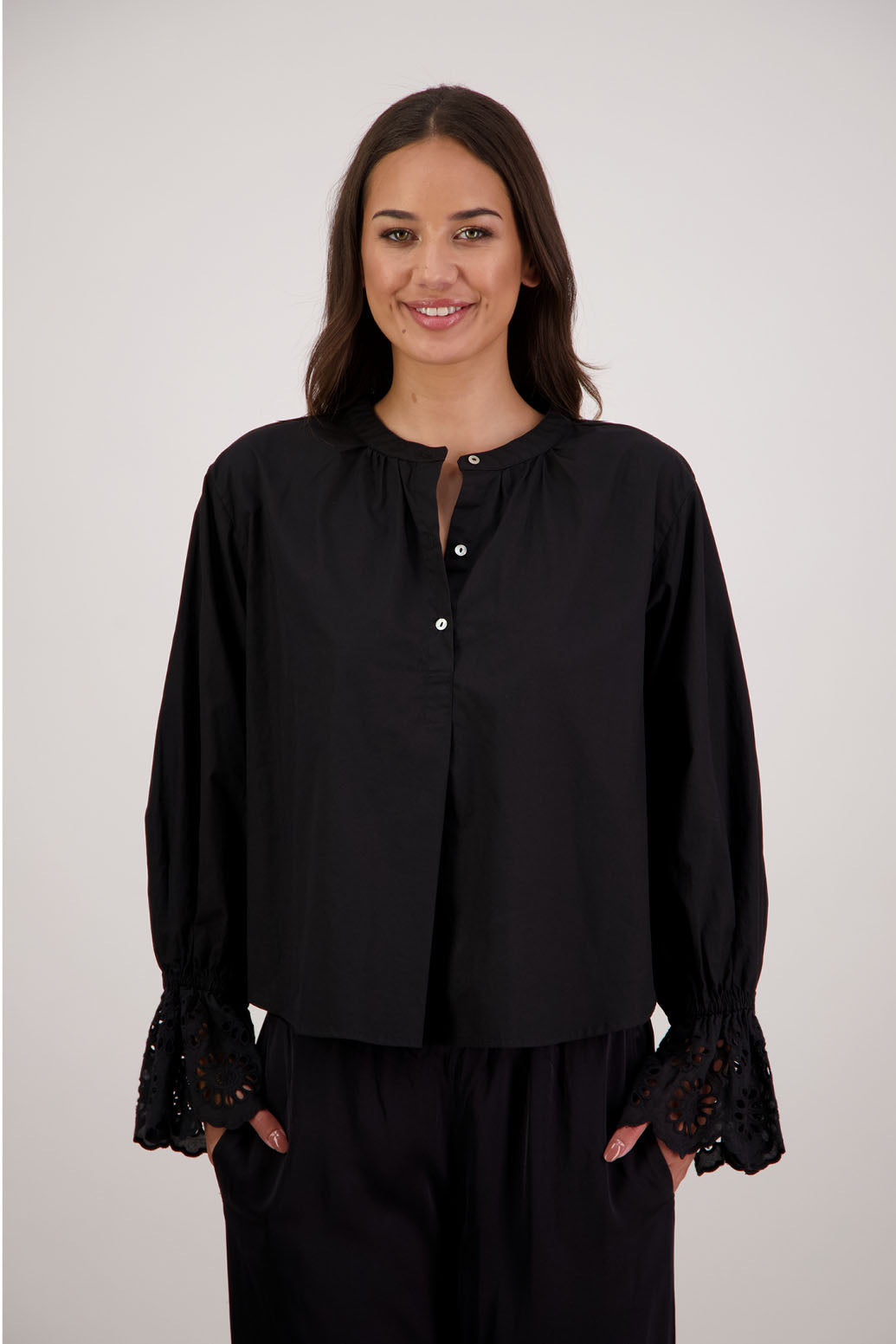 Briarwood NZ. Ridley Shirt. Black Long Sleeve, 12cm Lace trim on sleeves, Grandpa collar