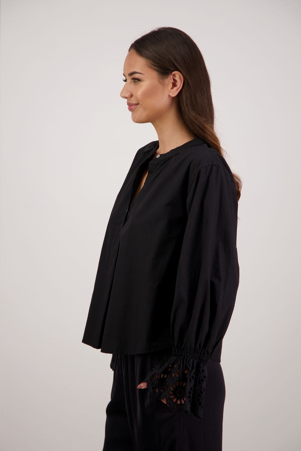 Briarwood NZ. Ridley Shirt. Black Long Sleeve, 12cm Lace trim on sleeves, Grandpa collar