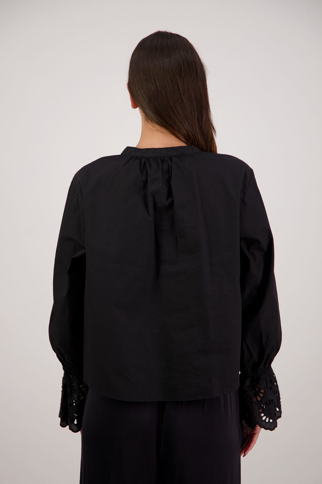 Briarwood NZ. Ridley Shirt. Black Long Sleeve, 12cm Lace trim on sleeves, Grandpa collar