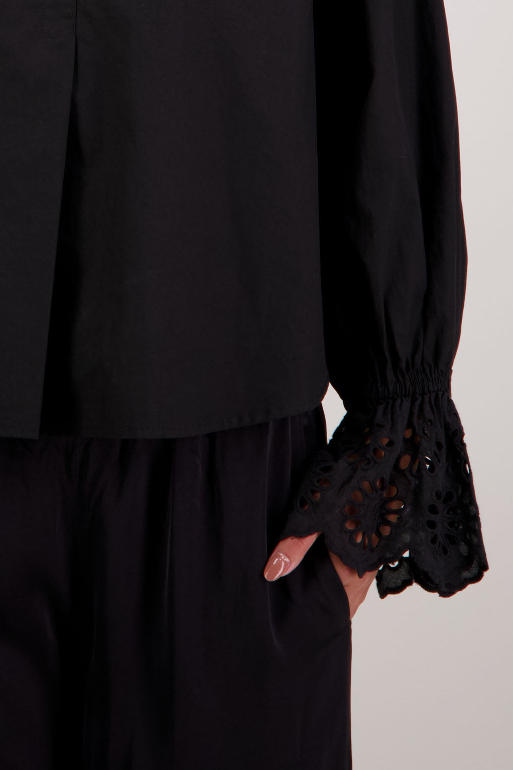 Briarwood NZ. Ridley Shirt. Black Long Sleeve, 12cm Lace trim on sleeves, Grandpa collar