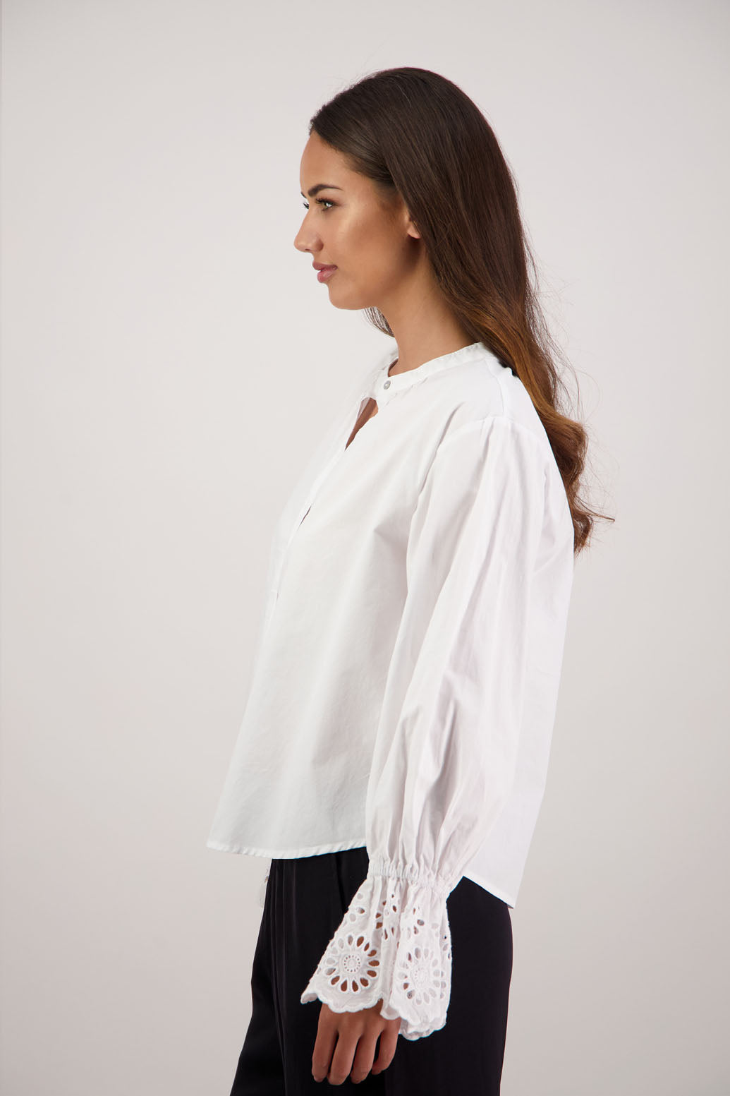 Briarwood NZ. Ridley Shirt. White Long Sleeve, 12cm Lace trim on sleeves, Grandpa collar