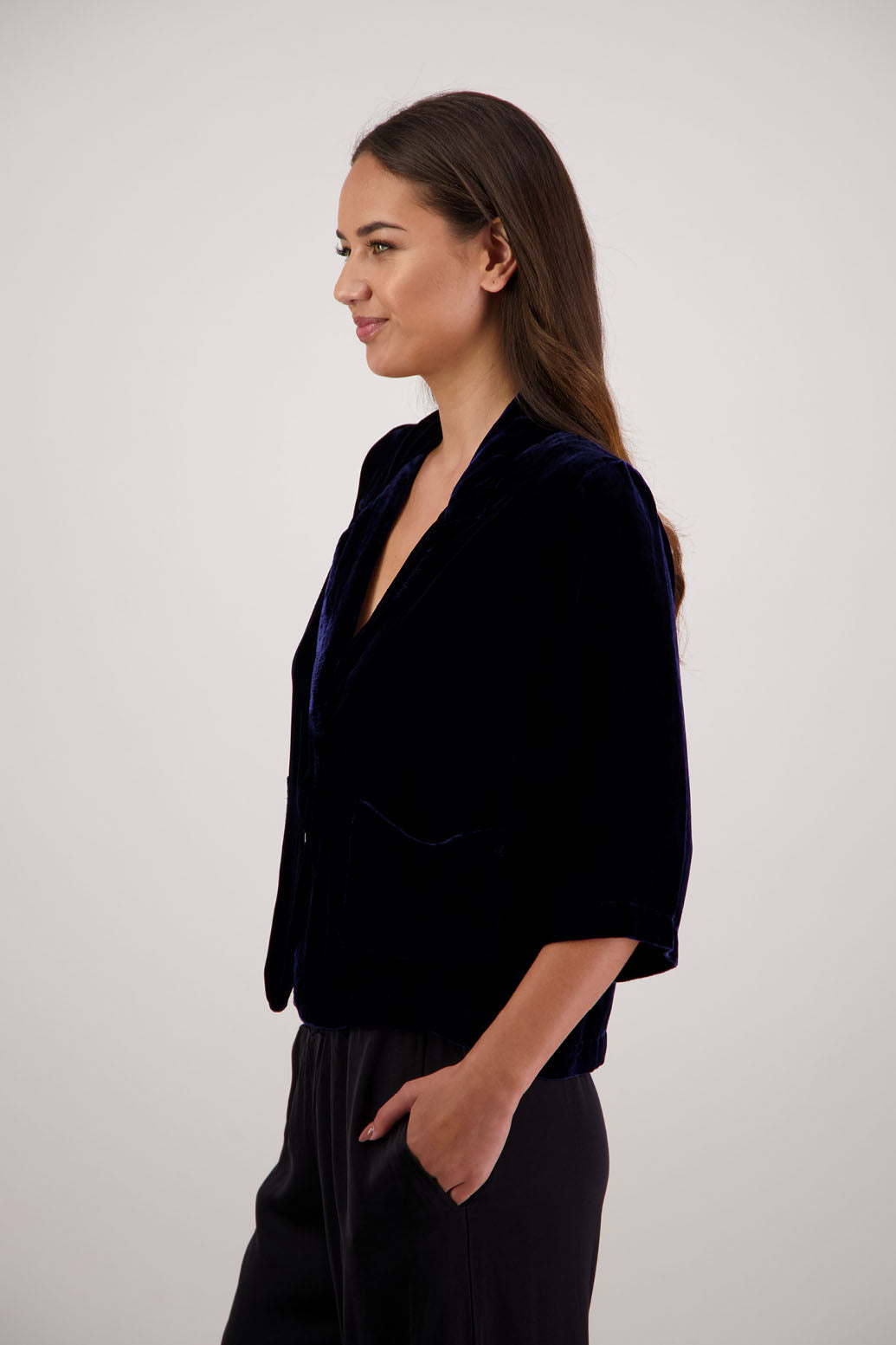 Rita Jacket in Ink Velvet by Briarwood NZ. A  18% Silk, 82% Rayon Velvet Jacket with 3/4 length sleeves, soft collar, double button closure, soft pockets, back split