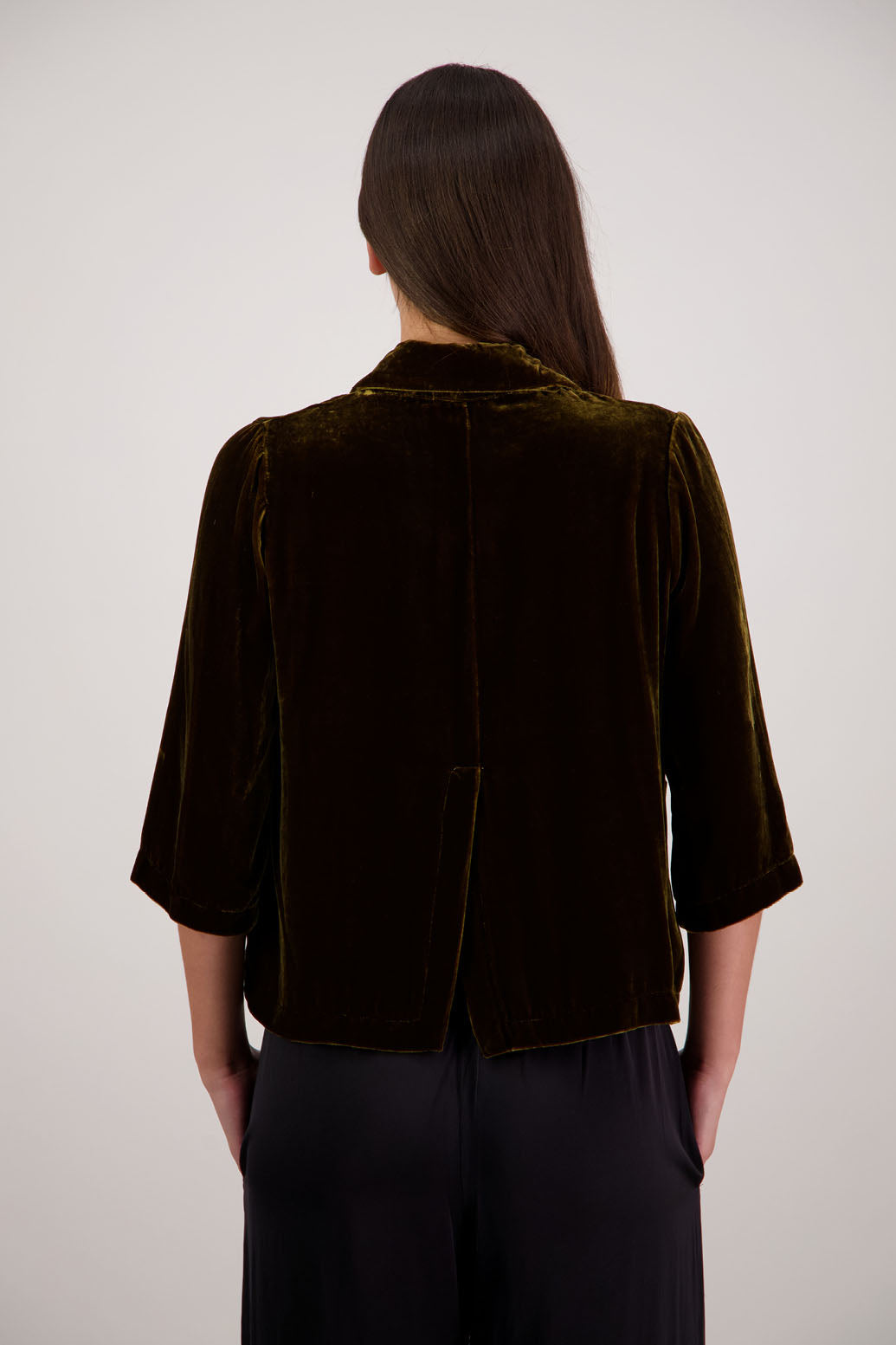 Rita Jacket in Tan Velvet by Briarwood NZ. A  18% Silk, 82% Rayon Velvet Jacket with 3/4 length sleeves, soft collar, double button closure, soft pockets, back split