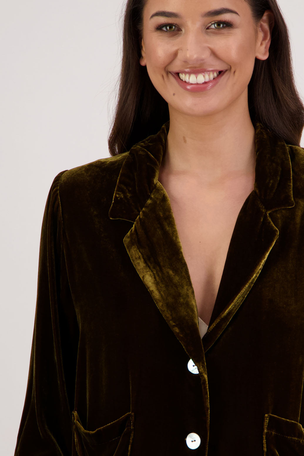 Rita Jacket in Tan Velvet by Briarwood NZ. A  18% Silk, 82% Rayon Velvet Jacket with 3/4 length sleeves, soft collar, double button closure, soft pockets, back split