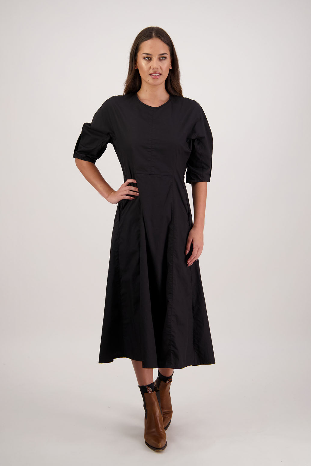 River Black Dress. Briarwood NZ. 3/4 Sleeves with pleat, Shaped through waist, Pockets in front seam, Back zip