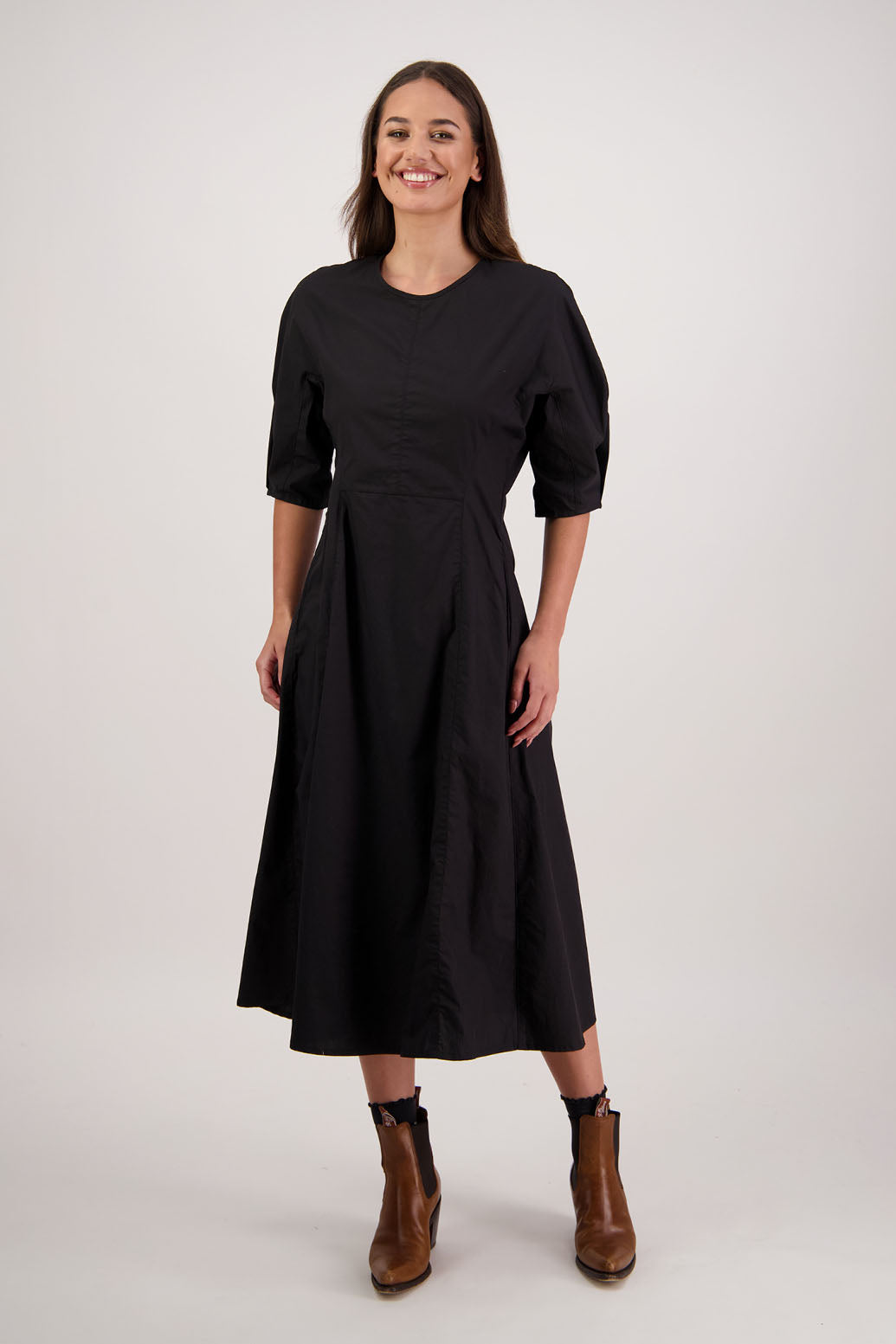 River Black Dress. Briarwood NZ. 3/4 Sleeves with pleat, Shaped through waist, Pockets in front seam, Back zip