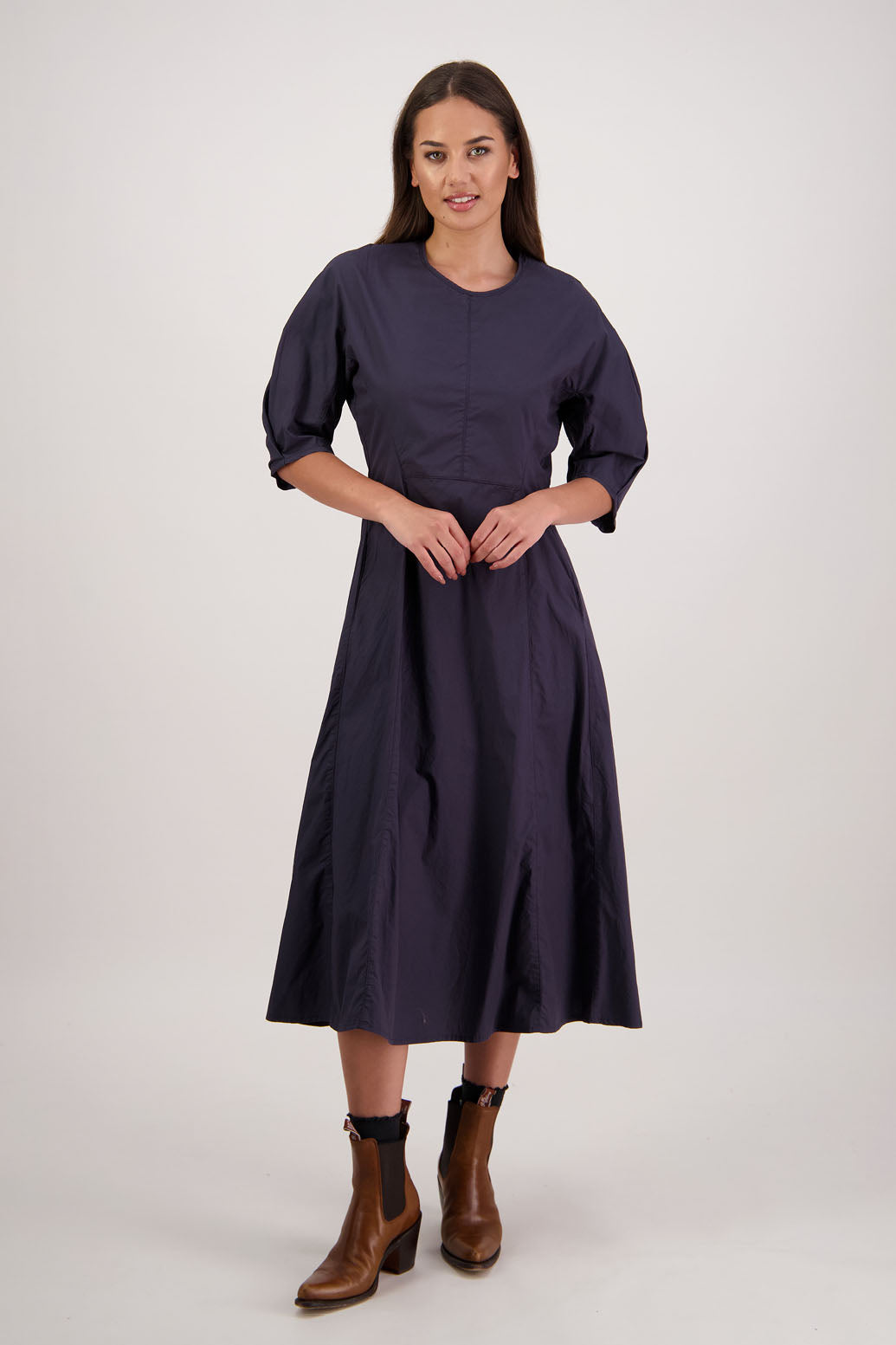 River Dress. Briarwood NZ.Ink. 3/4 Sleeves with pleat, Shaped through waist, Pockets in front seam, Back zip