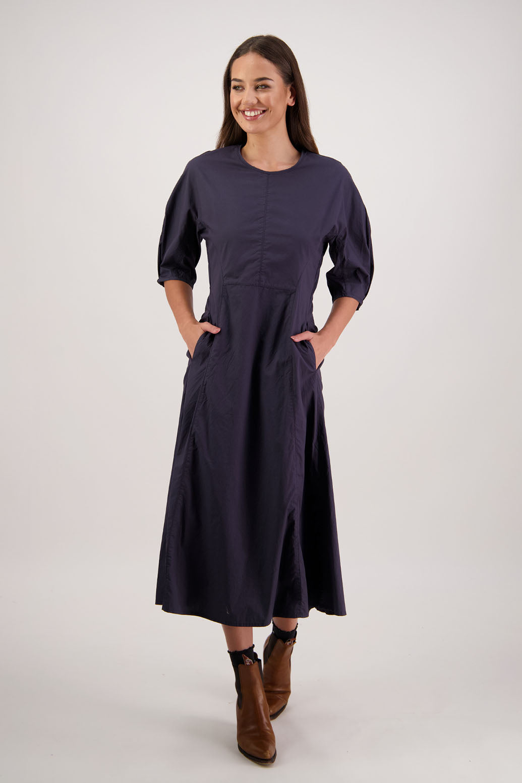 River Dress. Briarwood NZ.Ink. 3/4 Sleeves with pleat, Shaped through waist, Pockets in front seam, Back zip