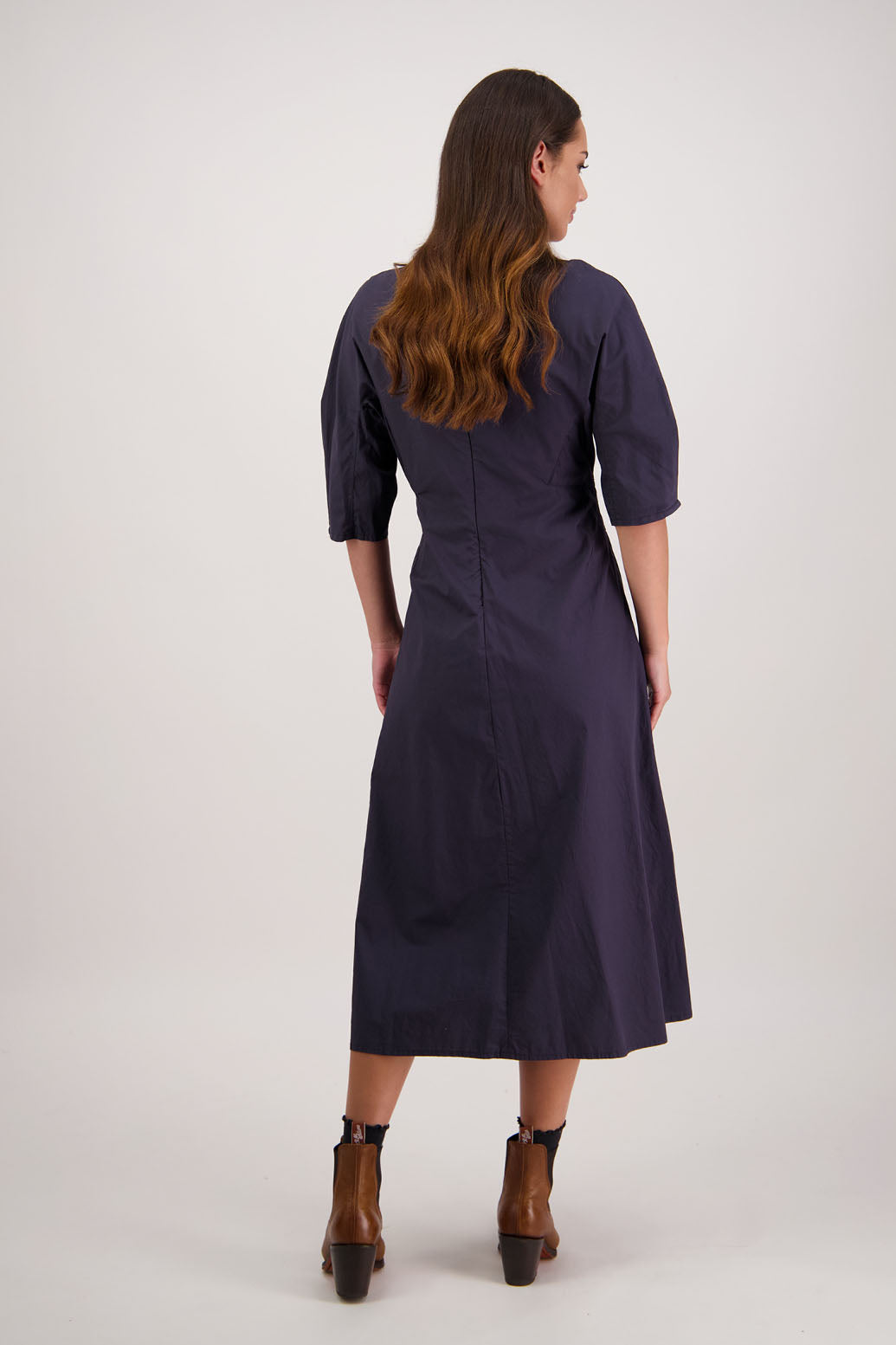 River Dress. Briarwood NZ.Ink. 3/4 Sleeves with pleat, Shaped through waist, Pockets in front seam, Back zip