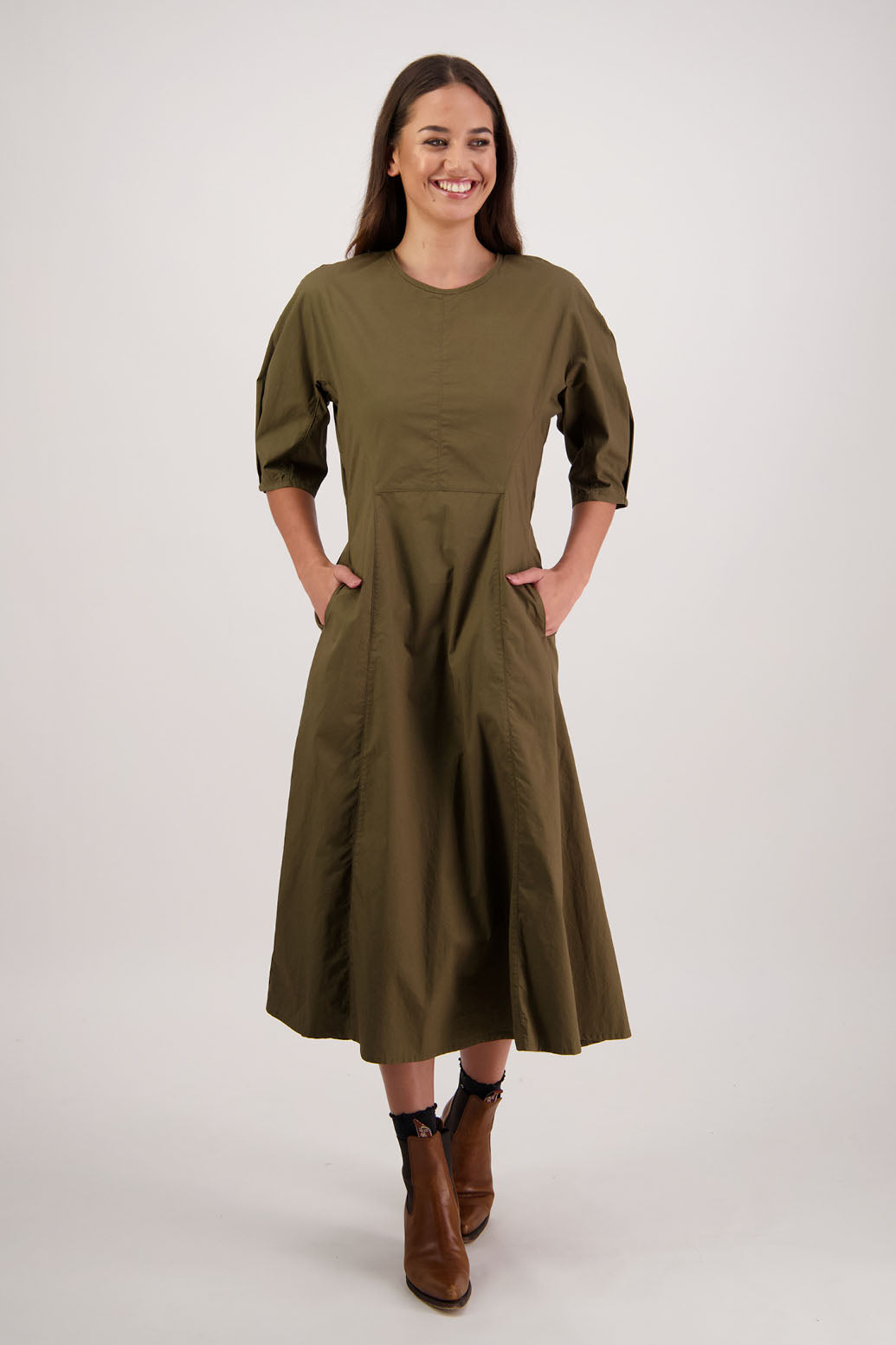 River Khaki Cotton Dress. Briarwood NZ. 3/4 Sleeves with pleat, Shaped through waist, Pockets in front seam, Back zip