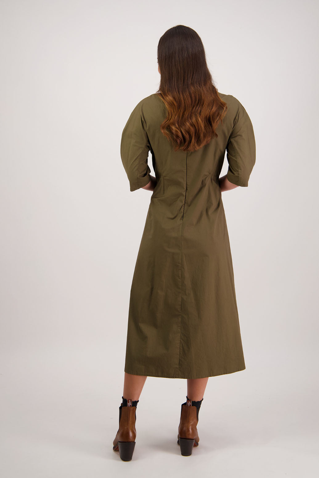 River Khaki Cotton Dress. Briarwood NZ. 3/4 Sleeves with pleat, Shaped through waist, Pockets in front seam, Back zip