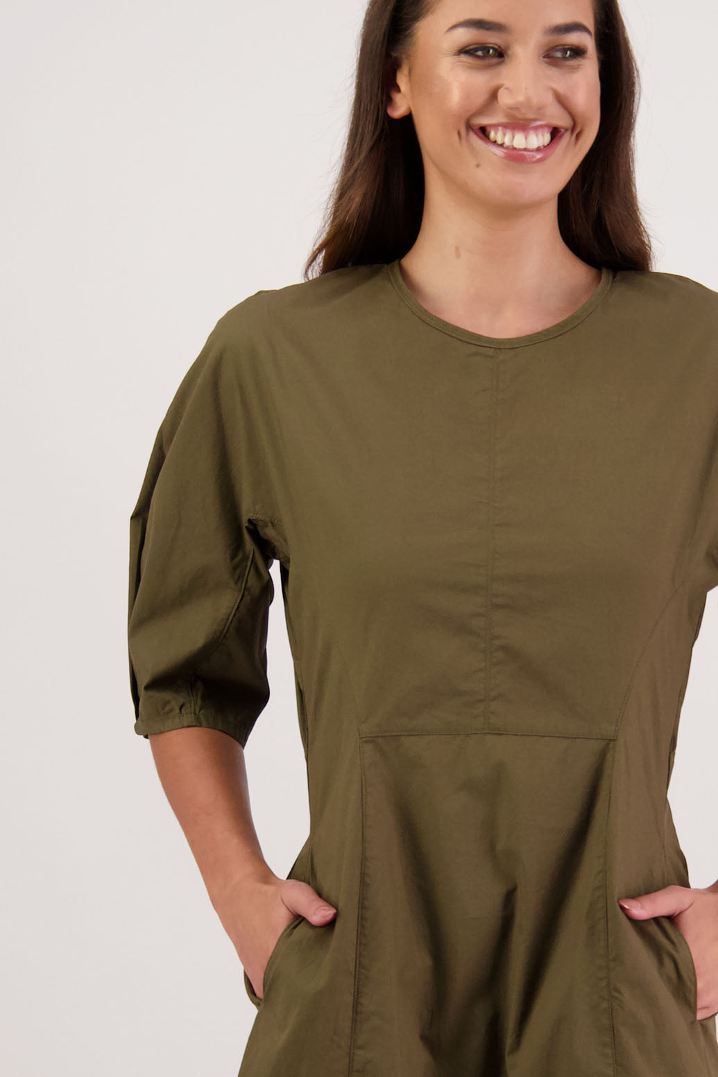River Khaki Cotton Dress. Briarwood NZ. 3/4 Sleeves with pleat, Shaped through waist, Pockets in front seam, Back zip
