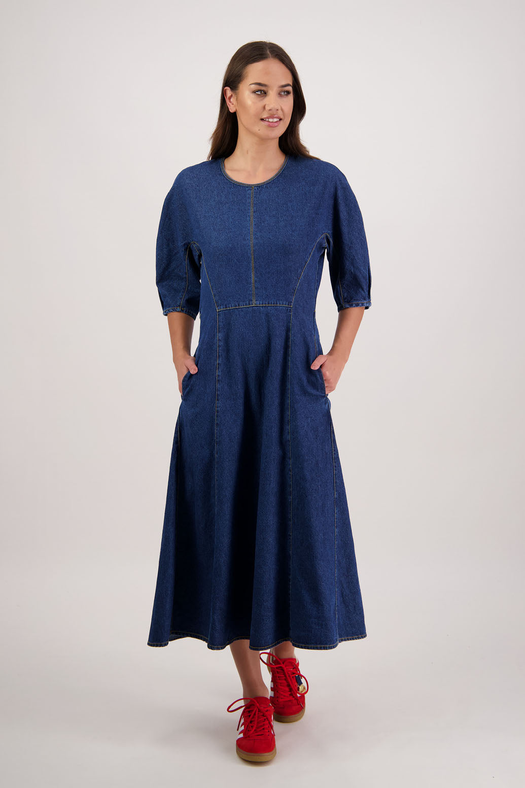 Rizzo Denim Dress by Briarwood NZ. 100% cotton dress, 3/4 sleeves with pleat, shaped through waist, pockets in front seam, back zip