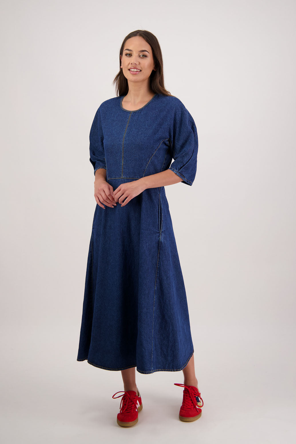 Rizzo Denim Dress by Briarwood NZ. 100% cotton dress, 3/4 sleeves with pleat, shaped through waist, pockets in front seam, back zip