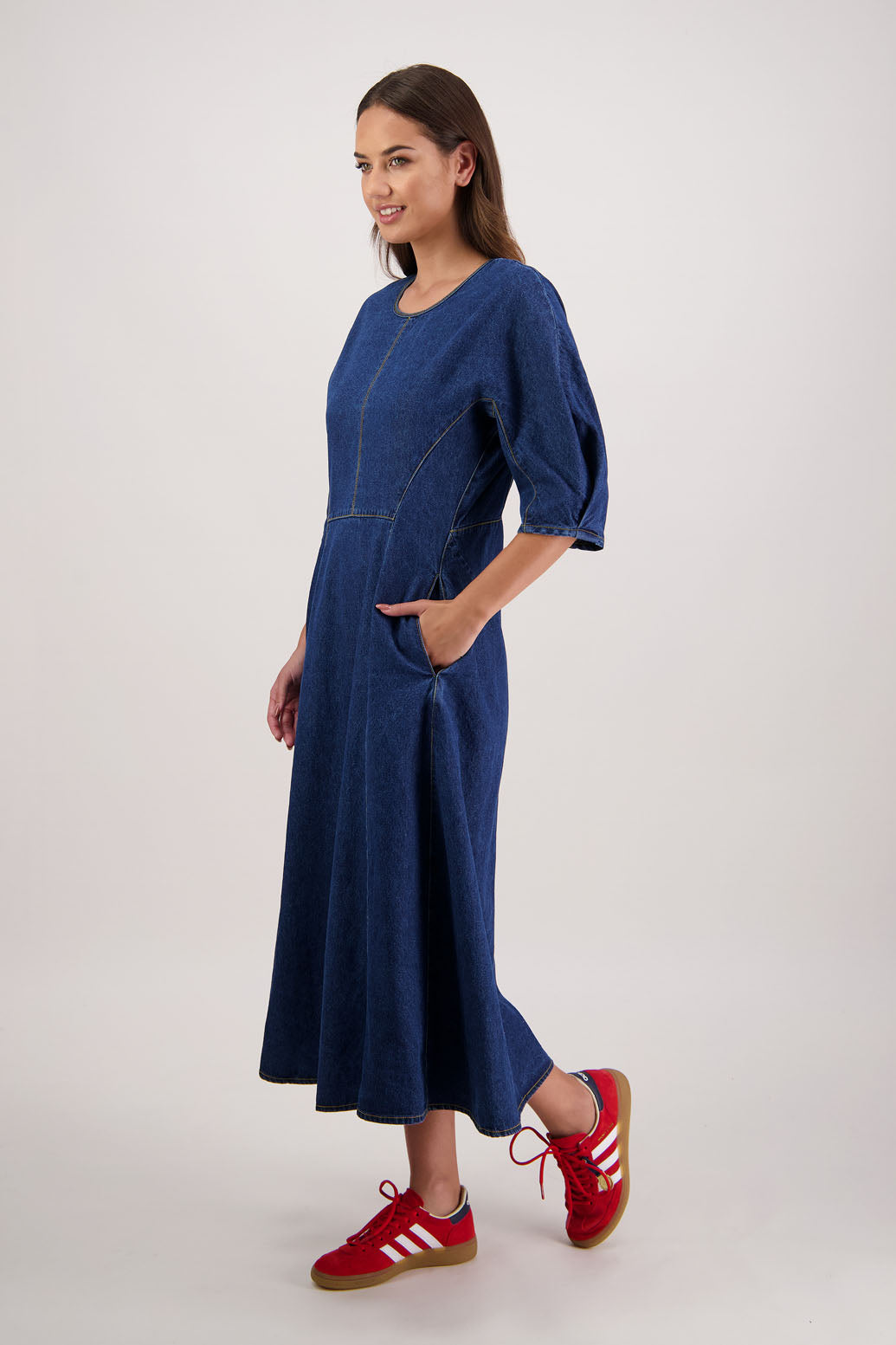 Rizzo Denim Dress by Briarwood NZ. 100% cotton dress, 3/4 sleeves with pleat, shaped through waist, pockets in front seam, back zip