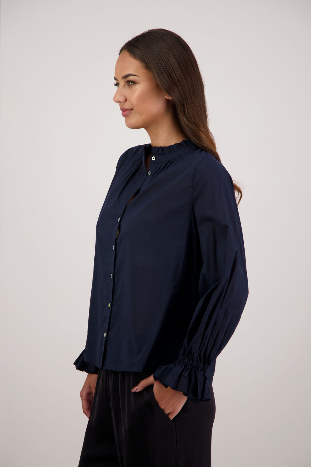 Briarwood NZ. Ink/Dark Blue  long sleeve shirt, Elasticated sleeves, Ruffles around neck, Buttoned through
