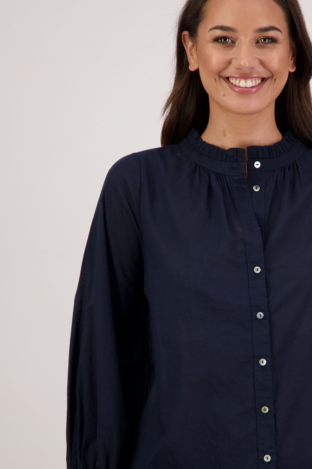 Briarwood NZ. Ink/Dark Blue  long sleeve shirt, Elasticated sleeves, Ruffles around neck, Buttoned through
