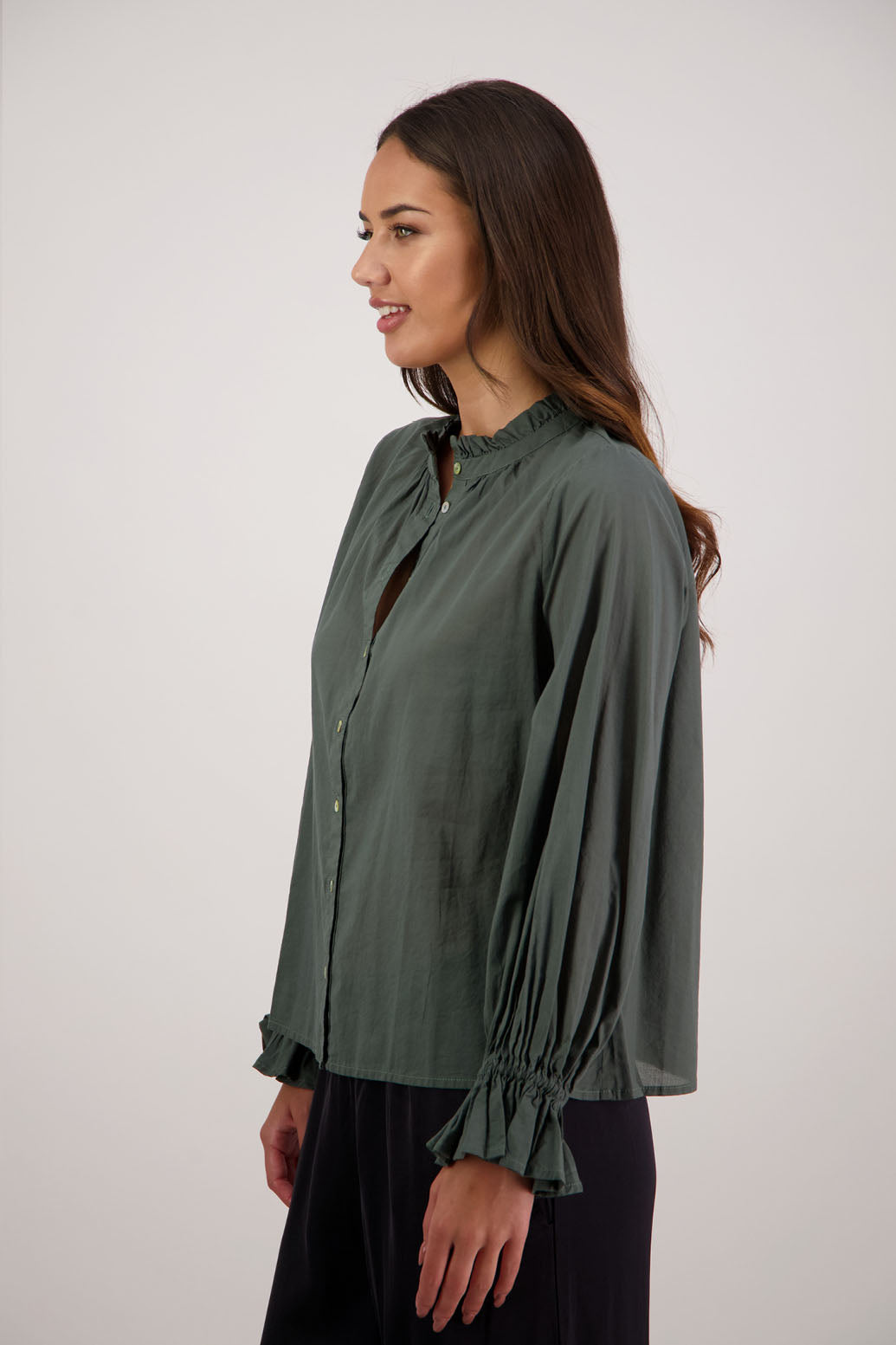 Briarwood NZ. Pine long sleeve shirt, Elasticated sleeves, Ruffles around neck, Buttoned through