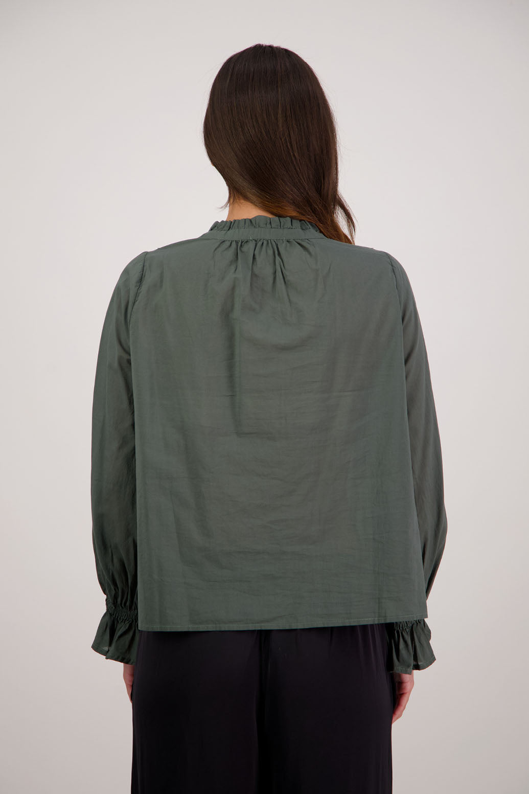 Briarwood NZ. Pine long sleeve shirt, Elasticated sleeves, Ruffles around neck, Buttoned through