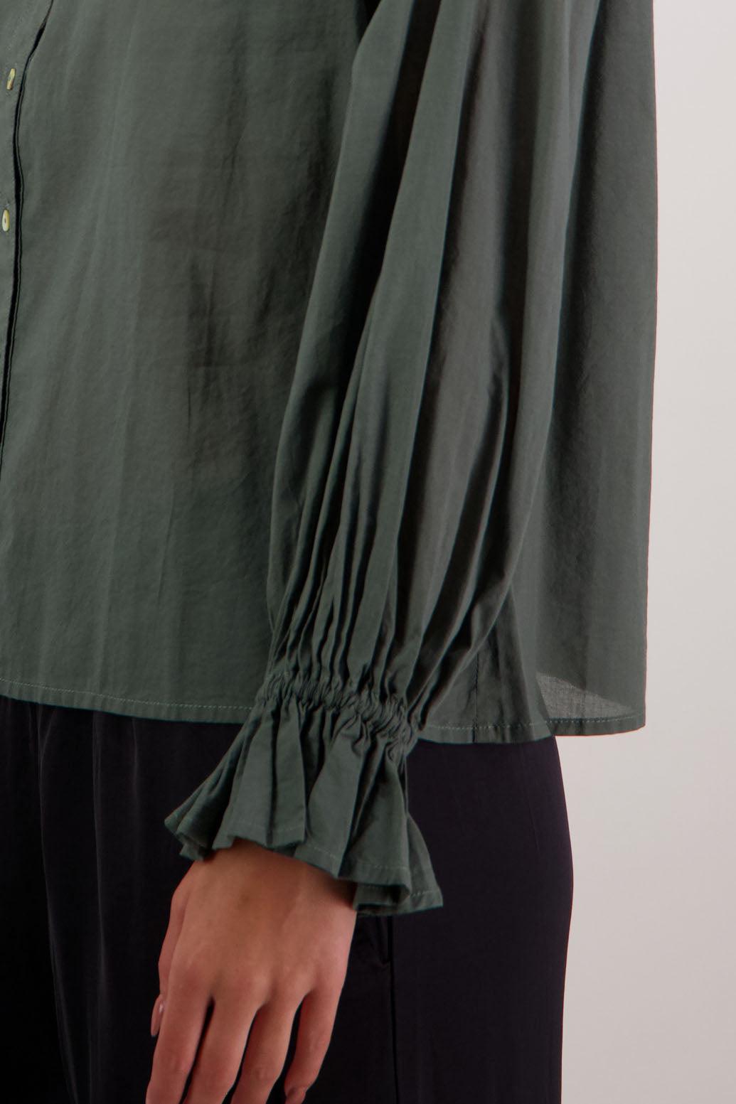 Briarwood NZ. Pine long sleeve shirt, Elasticated sleeves, Ruffles around neck, Buttoned through