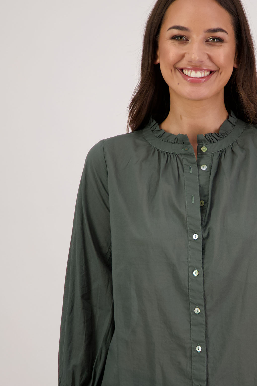 Briarwood NZ. Pine long sleeve shirt, Elasticated sleeves, Ruffles around neck, Buttoned through
