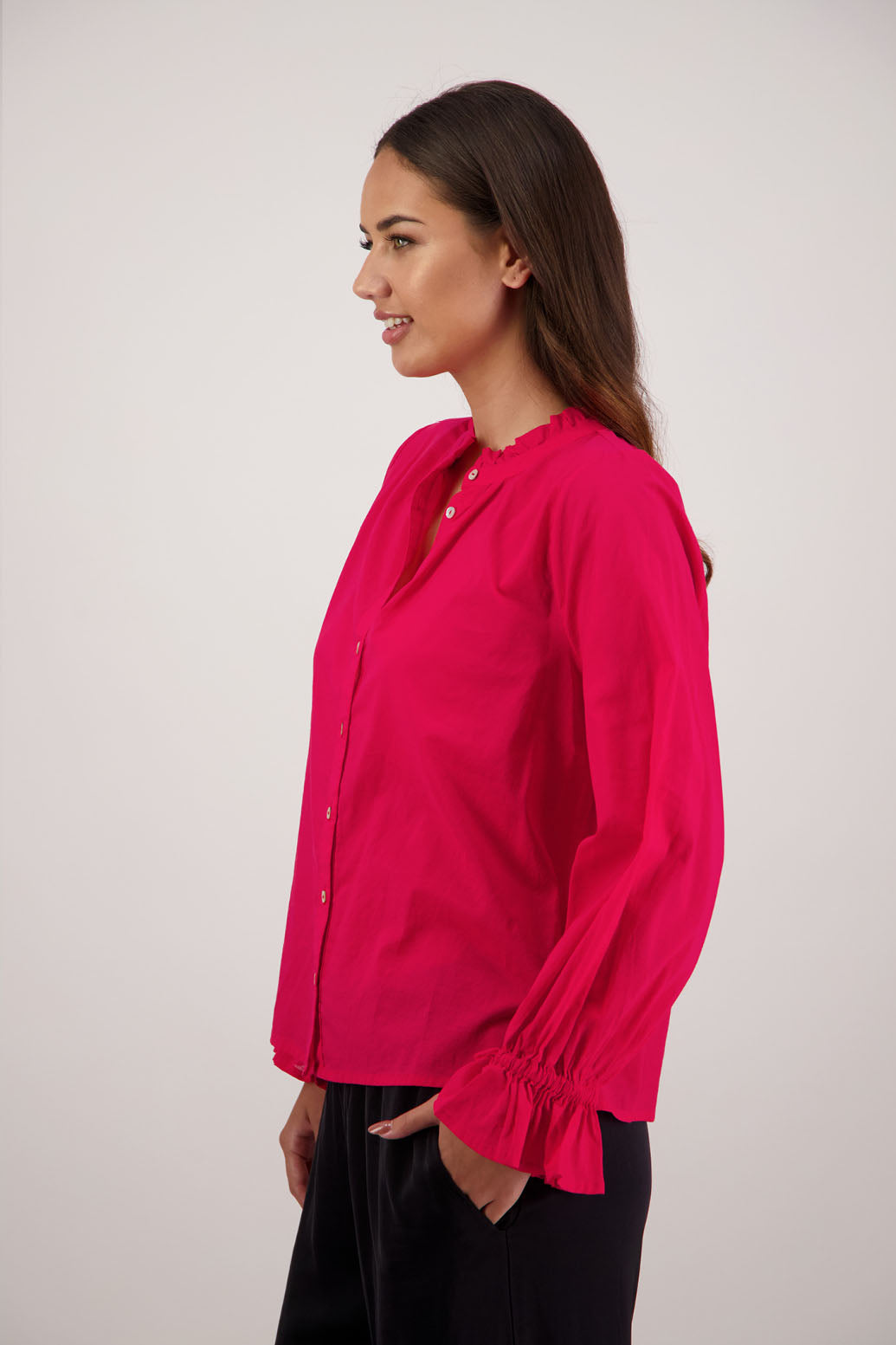 Briarwood NZ.Red  long sleeve shirt, Elasticated sleeves, Ruffles around neck, Buttoned through