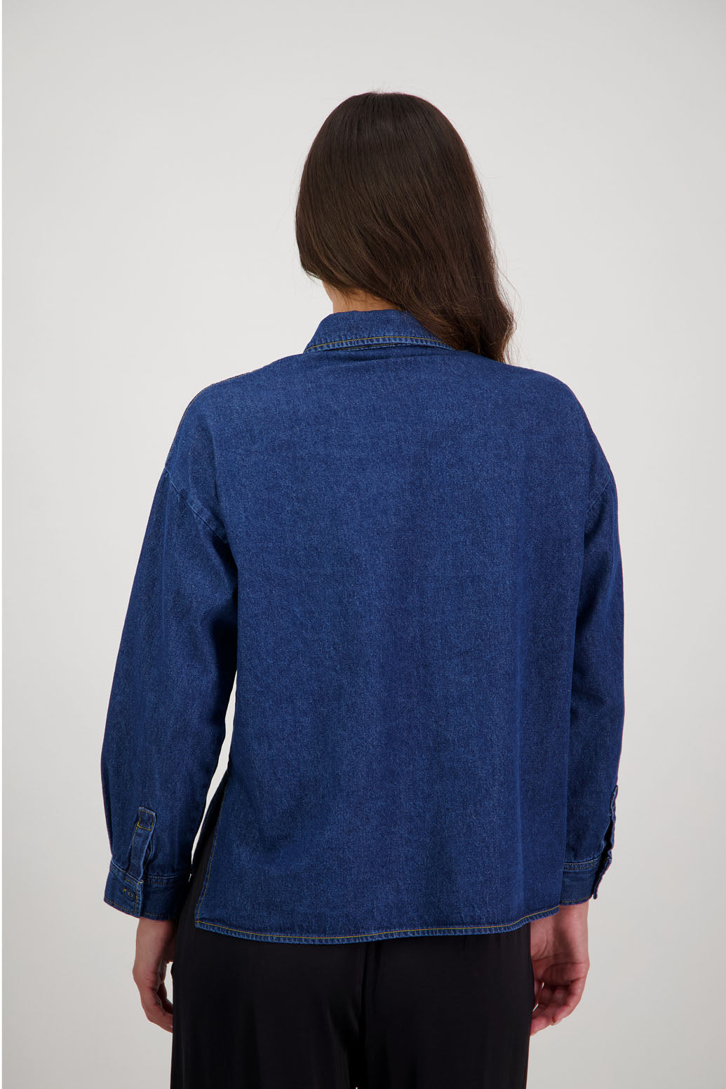 Rock Denim Shirt by Briarwood NZ. 100% cotton shirt with long sleeves, split sides, pockets on the front and longer at the back