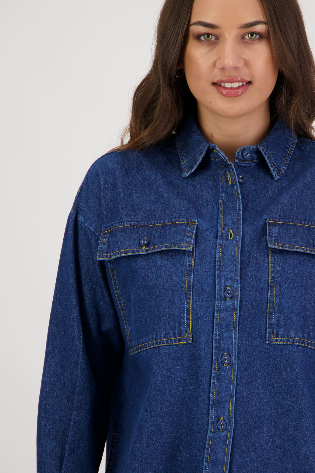 Rock Denim Shirt by Briarwood NZ. 100% cotton shirt with long sleeves, split sides, pockets on the front and longer at the back