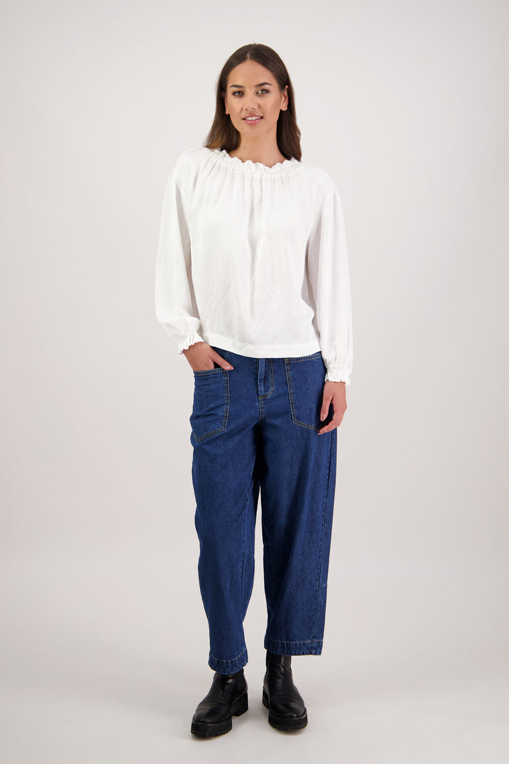 Rocket Denim Pant by Briarwood NZ. 100% cotton pant, a slight barrel leg, cropped length, elasticated through the back, pockets front and back, zip fly