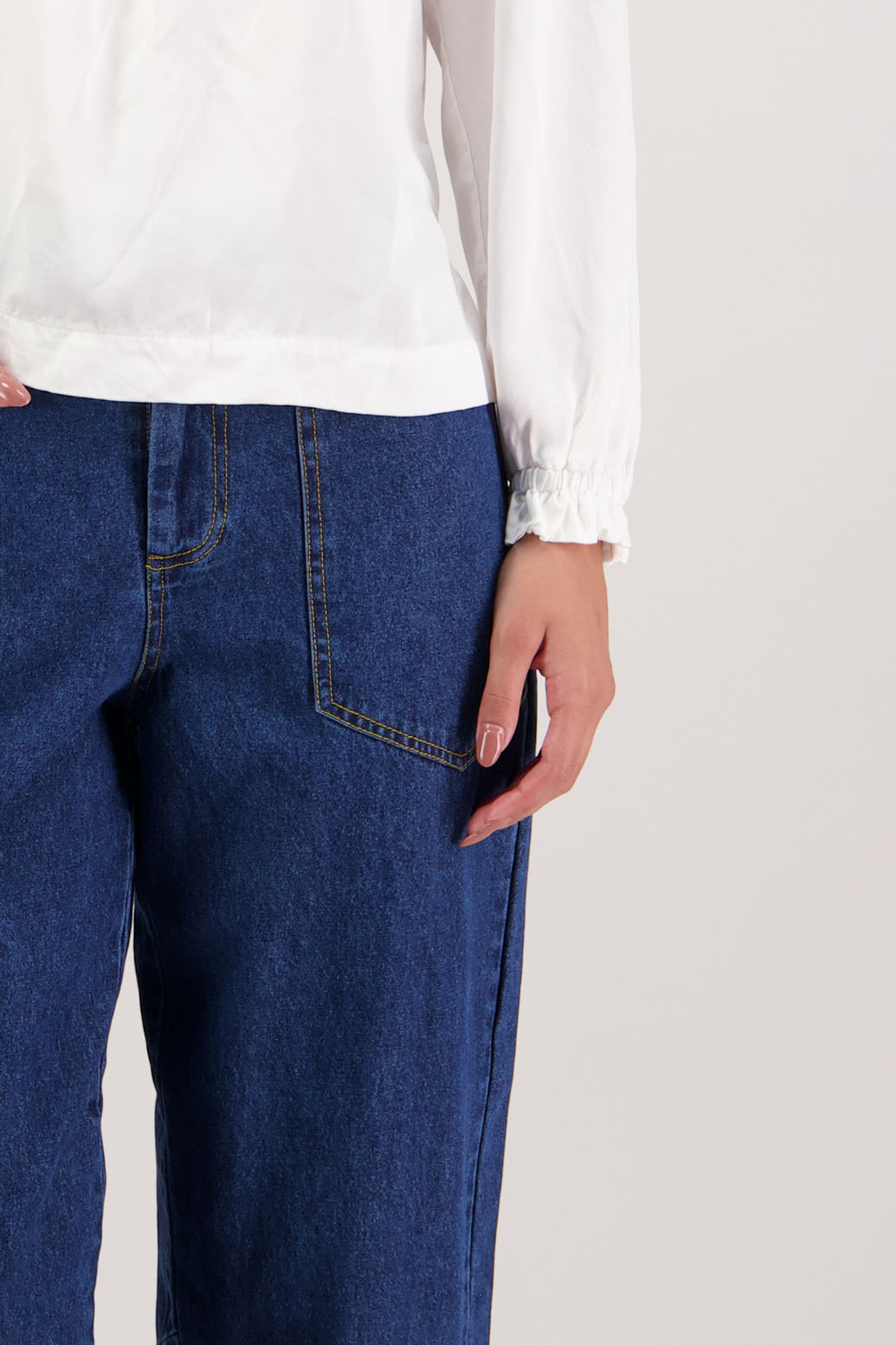Rocket Denim Pant by Briarwood NZ. 100% cotton pant, a slight barrel leg, cropped length, elasticated through the back, pockets front and back, zip fly