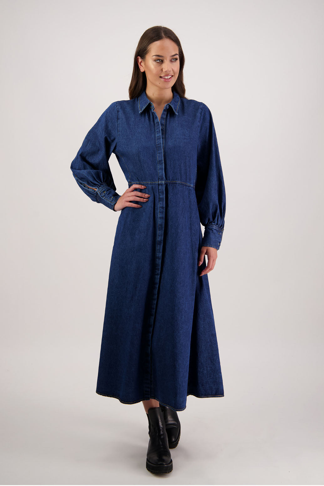 Bestselling style. Rockie Denim Dress by Briarwood NZ. 100% cotton shirt dress, button through, full length sleeves, shaped waist and pockets