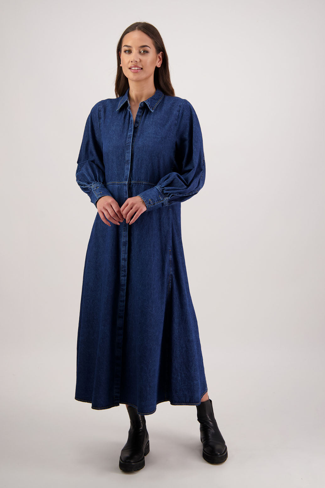 Bestselling style. Rockie Denim Dress by Briarwood NZ. 100% cotton shirt dress, button through, full length sleeves, shaped waist and pockets