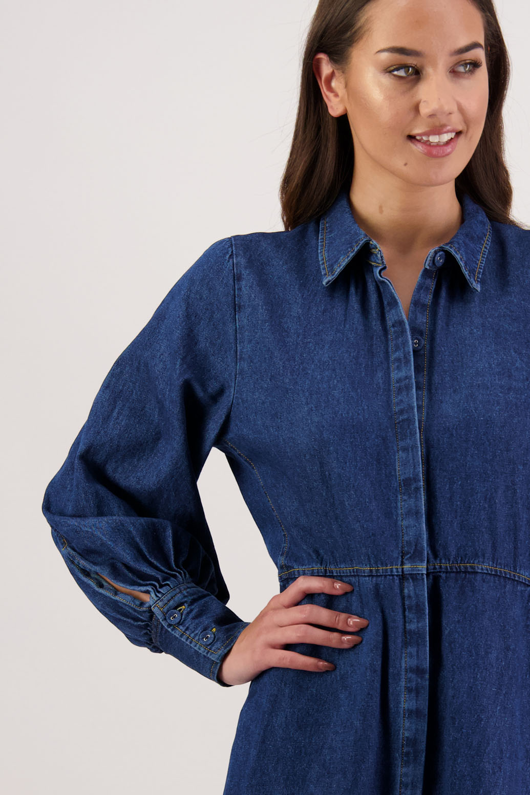 Bestselling style. Rockie Denim Dress by Briarwood NZ. 100% cotton shirt dress, button through, full length sleeves, shaped waist and pockets