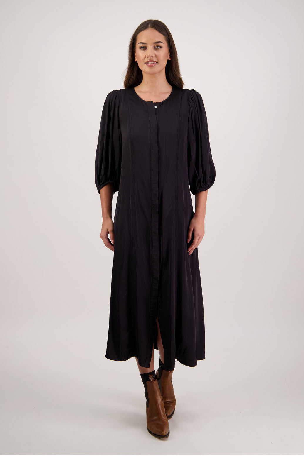 Romy Dress in Black by Briarwood NZ. 100% viscose dress, button through full length, 3/4 length sleeves, stitched shaped panels front & back, no collar