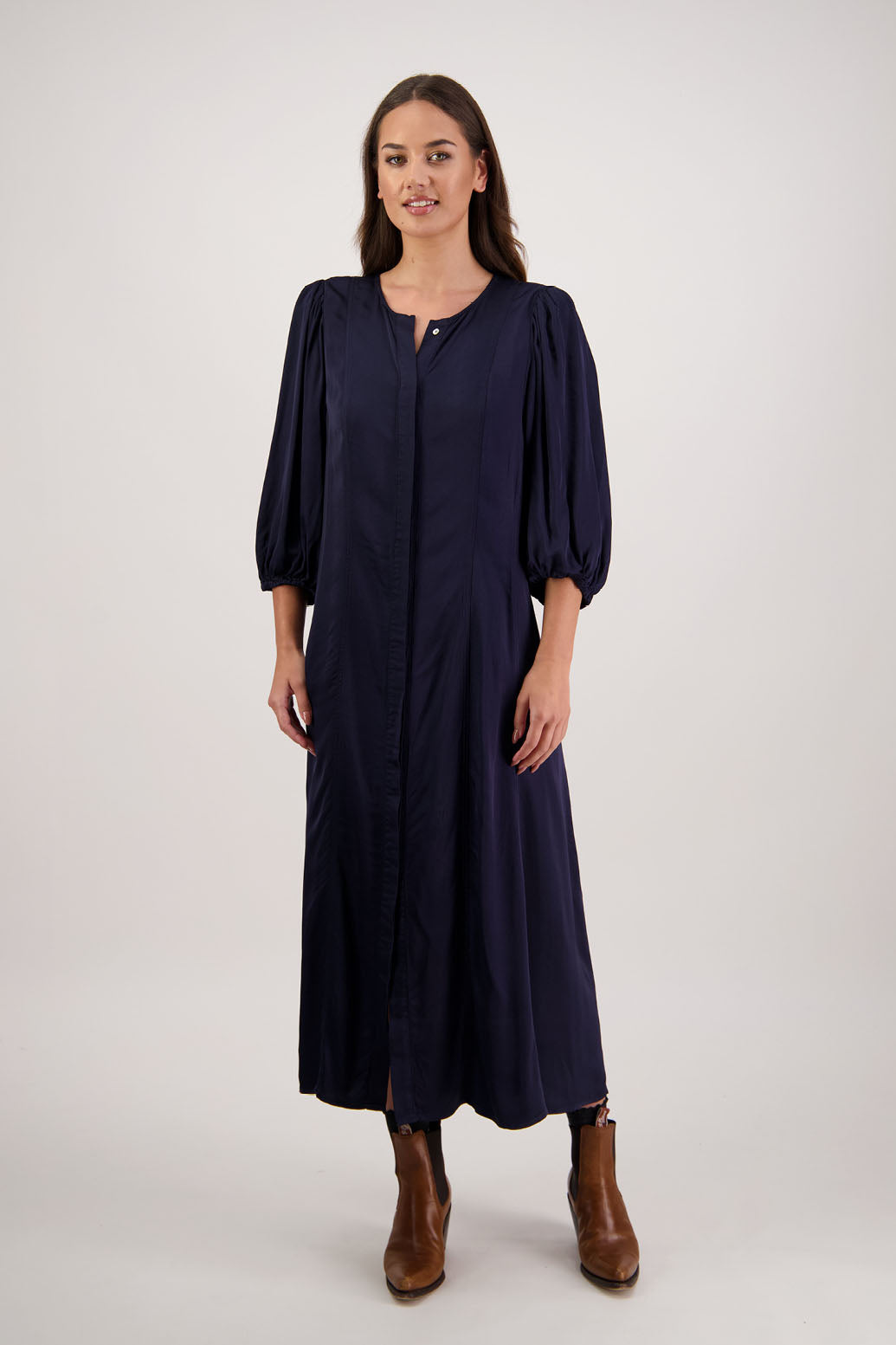 Romy Dress in Ink by Briarwood NZ. 100% viscose dress, button through full length, 3/4 length sleeves, stitched shaped panels front & back, no collar