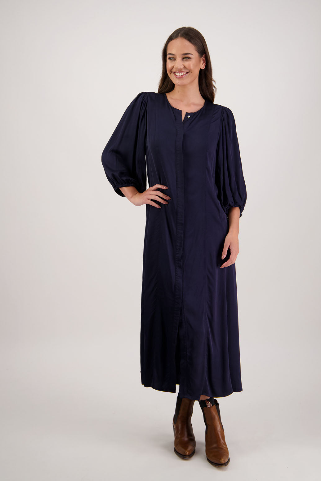 Romy Dress in Ink by Briarwood NZ. 100% viscose dress, button through full length, 3/4 length sleeves, stitched shaped panels front & back, no collar