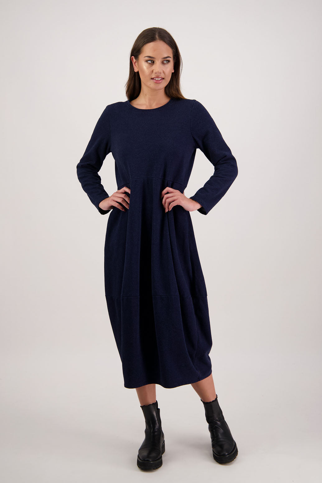 Ronnie Dress in Denim Jersey by Briarwood NZ. 100% cotton dress, full length sleeves, puff hem and side pockets