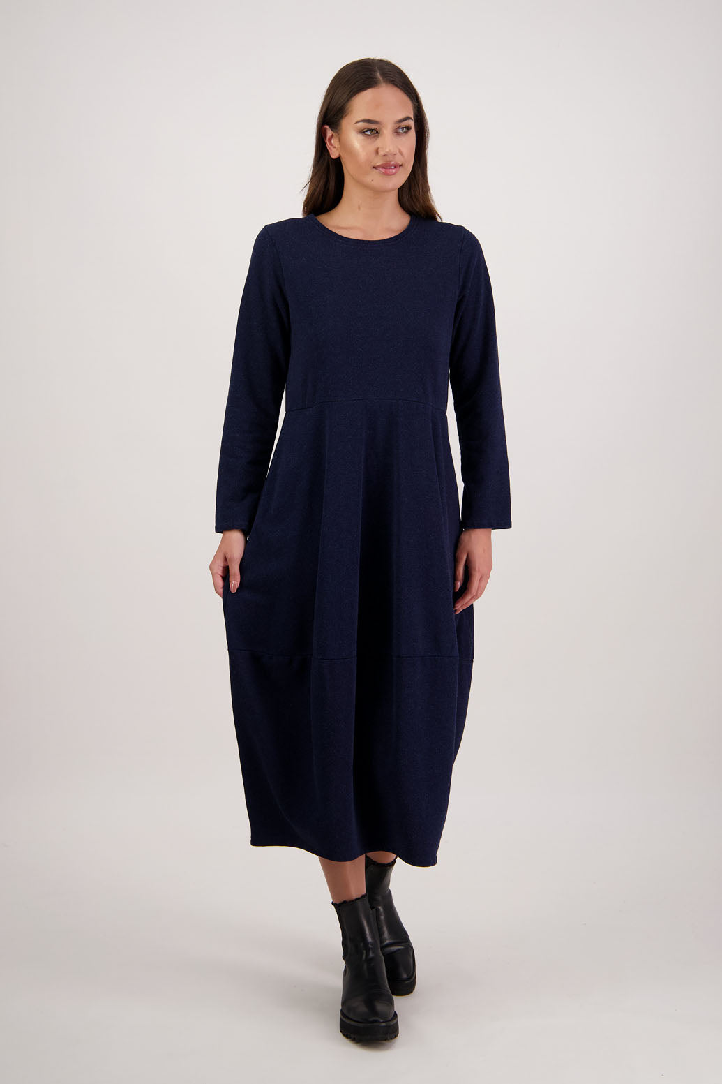 Ronnie Dress in Denim Jersey by Briarwood NZ. 100% cotton dress, full length sleeves, puff hem and side pockets