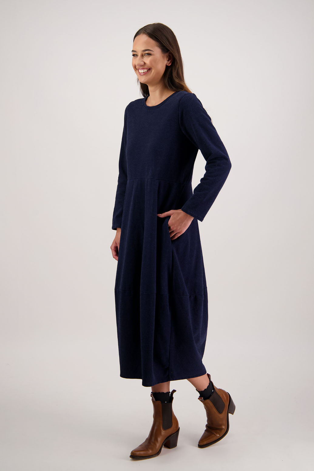 Ronnie Dress in Denim Jersey by Briarwood NZ. 100% cotton dress, full length sleeves, puff hem and side pockets